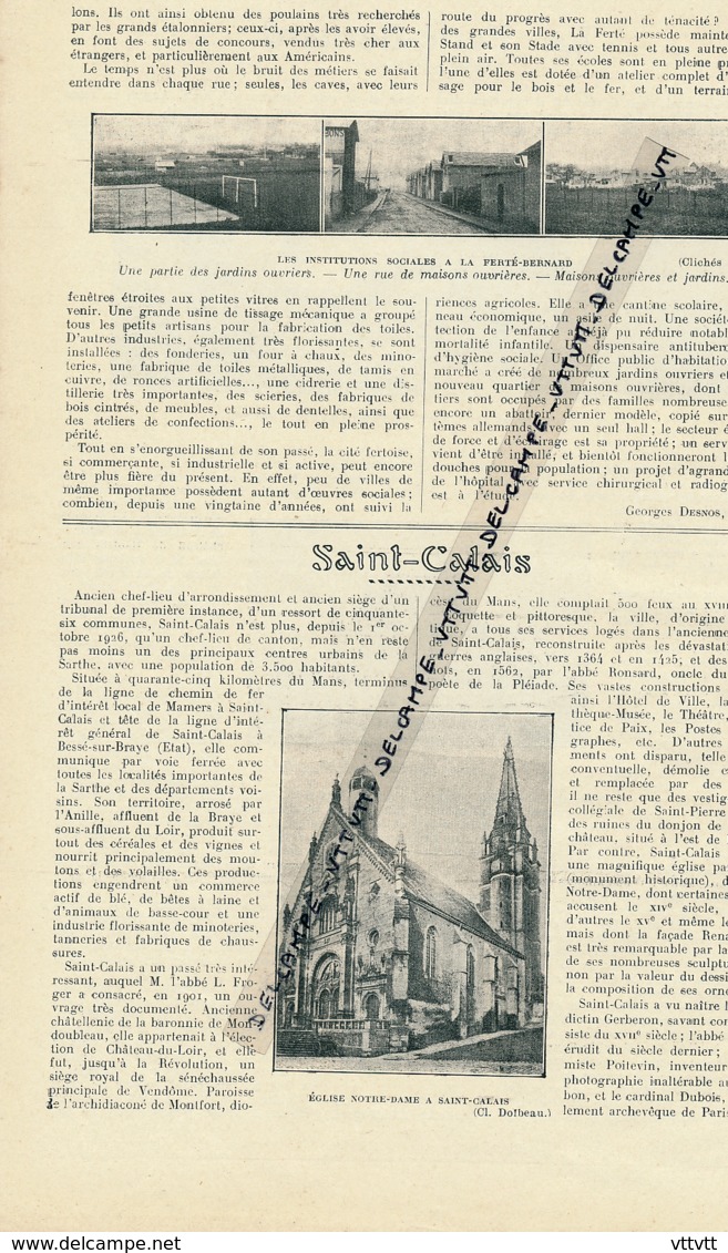 1926: Document, LA SARTHE (2 Pages Illustrées), La Ferté-Bernard, Saint-Calais, Place Saint-Julien, Notre-Dame DesMarais - Non Classés