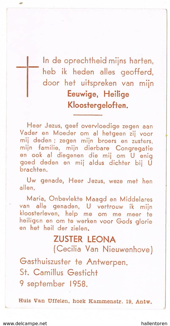 Antwerpen: 1958, Eeuwige Geloften ZUSTER LEONA (Cecilia Van Nieuwenhove), Gasthuiszusters Van Antwerpen (2 Scans) - Devotieprenten