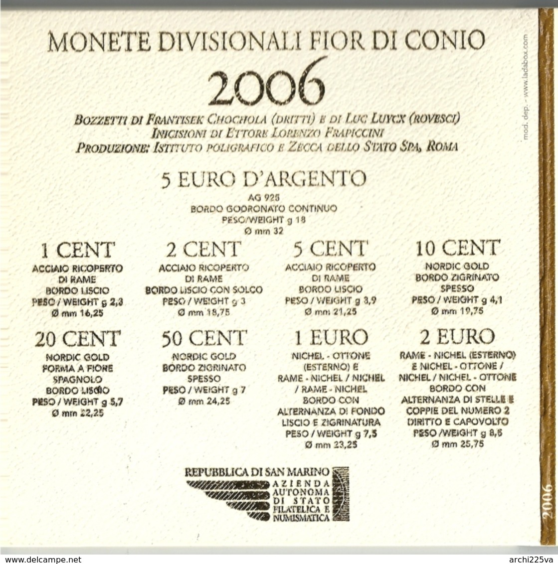 2006 San Marino - DIVISIONALE FDC - N.° 9 Pezzi In Euro - Con 5 &euro; Argento Argent Silver - Delfico - Originale (4 Fo - San Marino