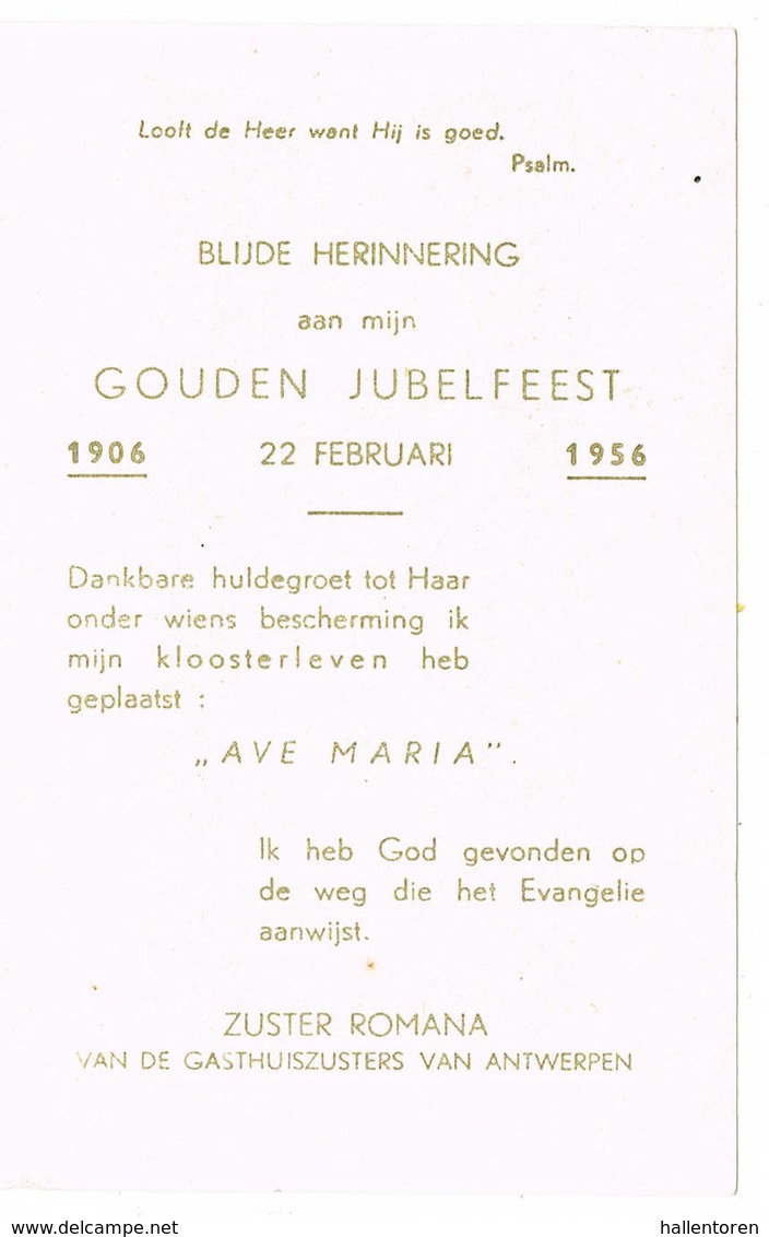 Antwerpen: 1956, GOUDEN JUBELFEEST ZUSTER ROMANA, Gasthuiszusters Van Antwerpen (2 Scans) - Devotieprenten