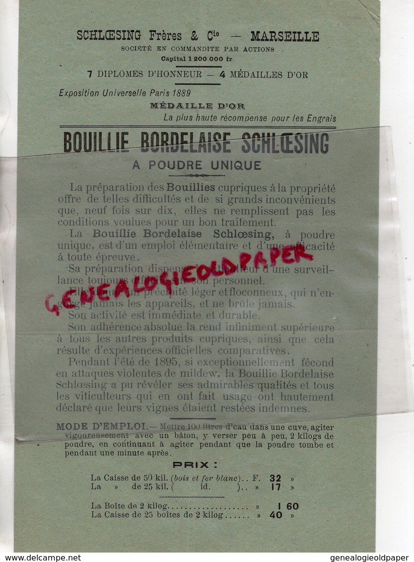 13- MARSEILLE- LETTRE SCHLOESING FRERES- PRODUITS CHIMIQUES AGRICOLES-SULFATE CUIVRE-BOUILLIE BORDELAISE-1889 - 1800 – 1899