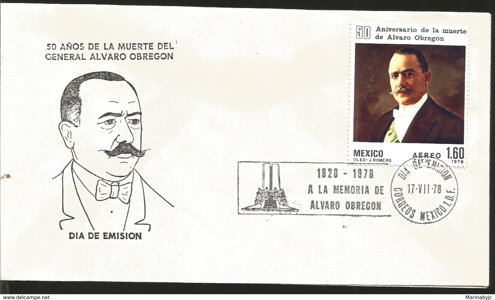 J) 1978 MEXICO, 50 YEARS AFTER THE DEATH OF GENERAL ALVARO OBREGON, FDC - Mexique