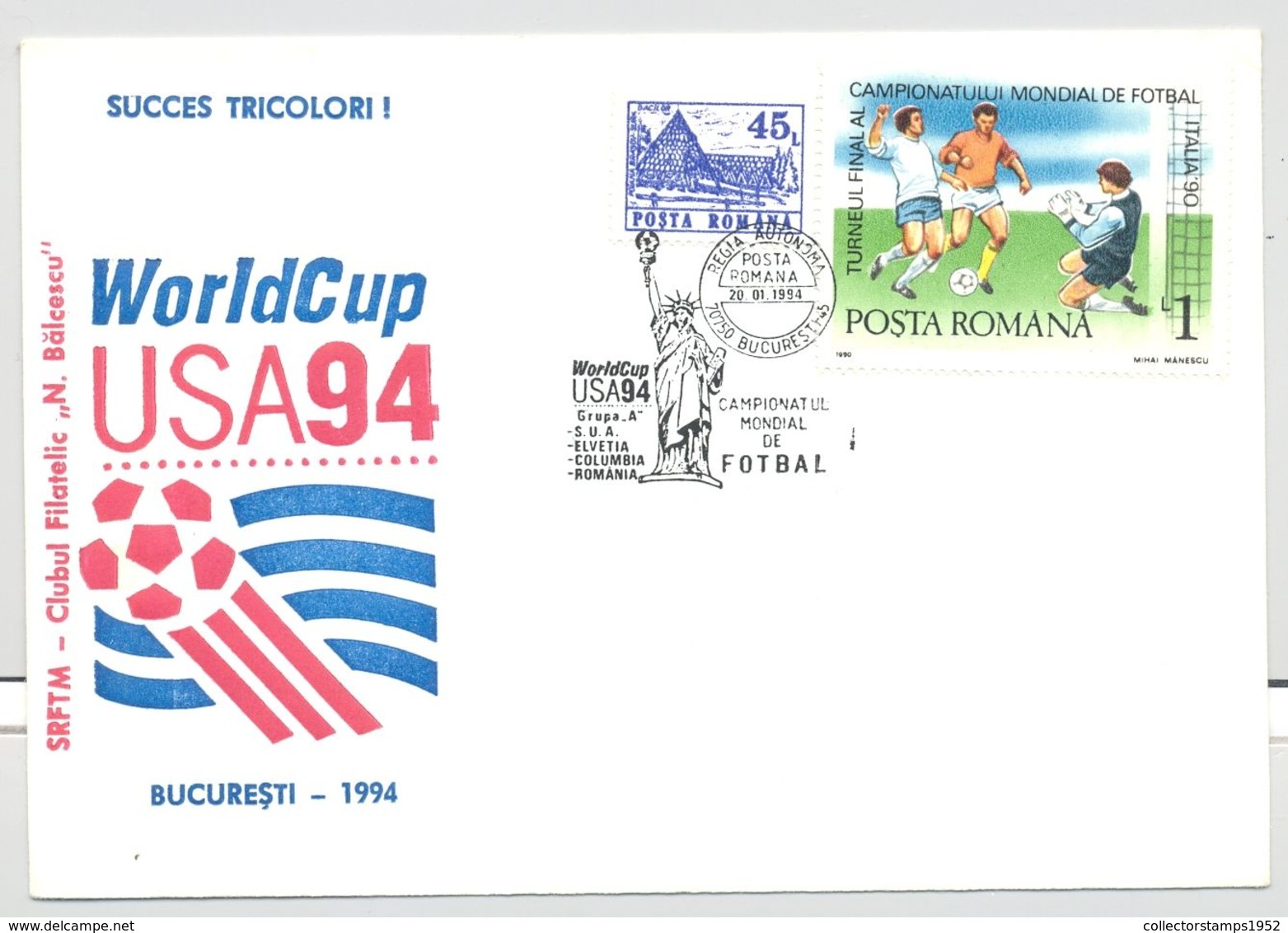 74674- USA'94 WORLD CUP, SOCCER, SPORTS, SPECIAL COVER, 1994, ROMANIA - 1994 – USA