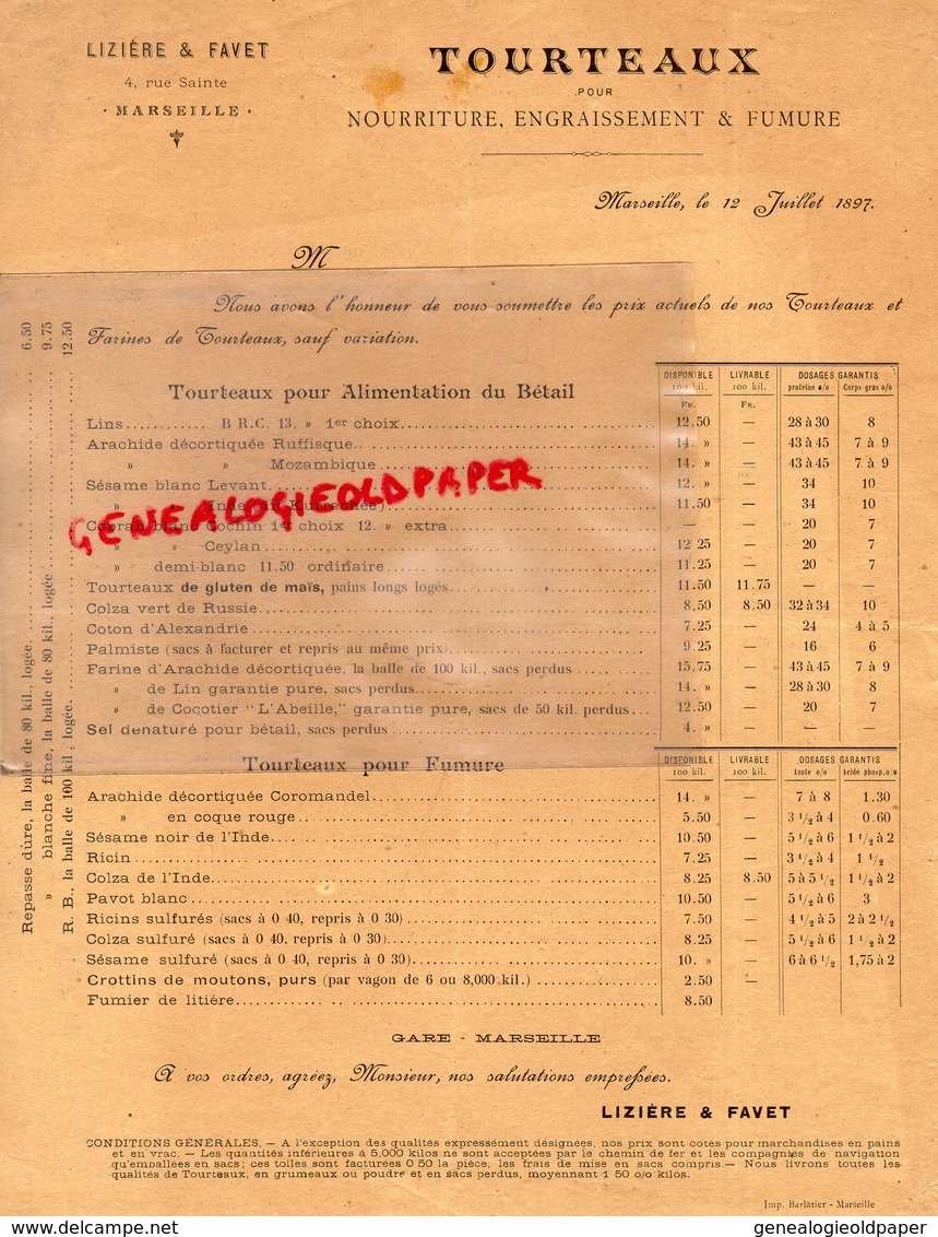 13- MARSEILLE- RARE LETTRE TARIFS 1897- LIZIERE & FAVET-4 RUE SAINTE-TOURTEAUX AGRICULTURE BETAIL-COLZA PAVOT - Landwirtschaft