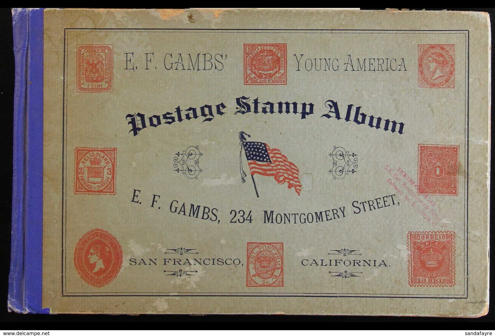 RARE OLD STAMP ALBUM. The "E. F. Lambs' Young America Postage Stamp Album" (circa 1888, A Hard Cover Horizontal Format W - Other & Unclassified