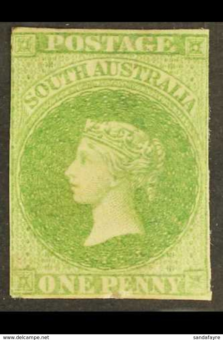 SOUTH AUSTRALIA 1856-58 1d Yellow- Green Imperf., SG 6, Unused With 4 Close Margins, Gum Traces And A Dirt Mark Under "P - Other & Unclassified