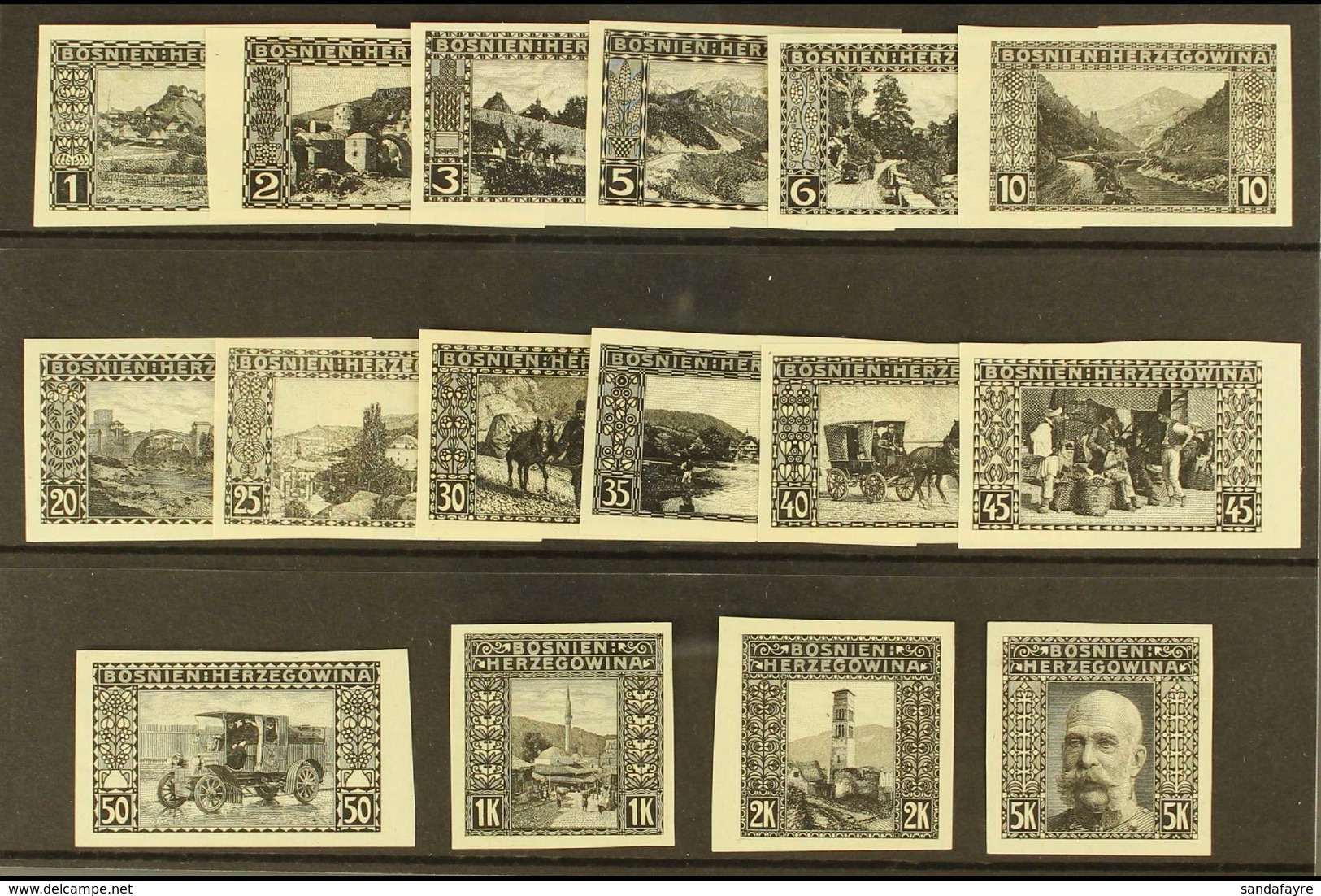 BOSNIA AND HERZEGOVINA 1906 Pictorials Complete Set Of IMPERF PLATE PROOFS PRINTED IN BLACK On Ungummed Paper, Michel 29 - Other & Unclassified