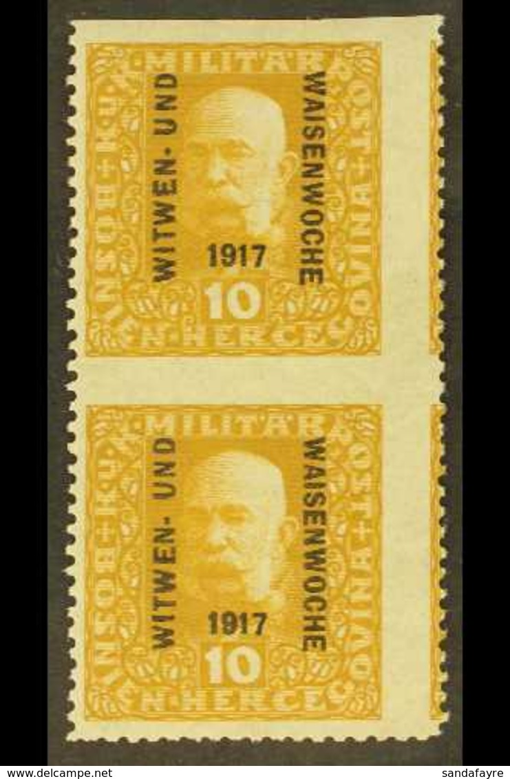 BOSNIA AND HERZEGOVINA 1917 10h Bistre War Widows' Fund Overprint IMPERF BETWEEN VERTICAL PAIR (also Imperf At Top), Mic - Other & Unclassified