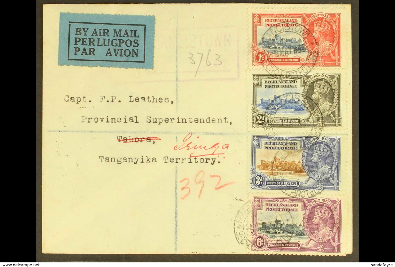 1935 Silver Jubilee Set Complete, SG 111/14,  On Registered Cover To Tanganyika, 3d  Showing The Variety "Extra Flagstaf - Other & Unclassified