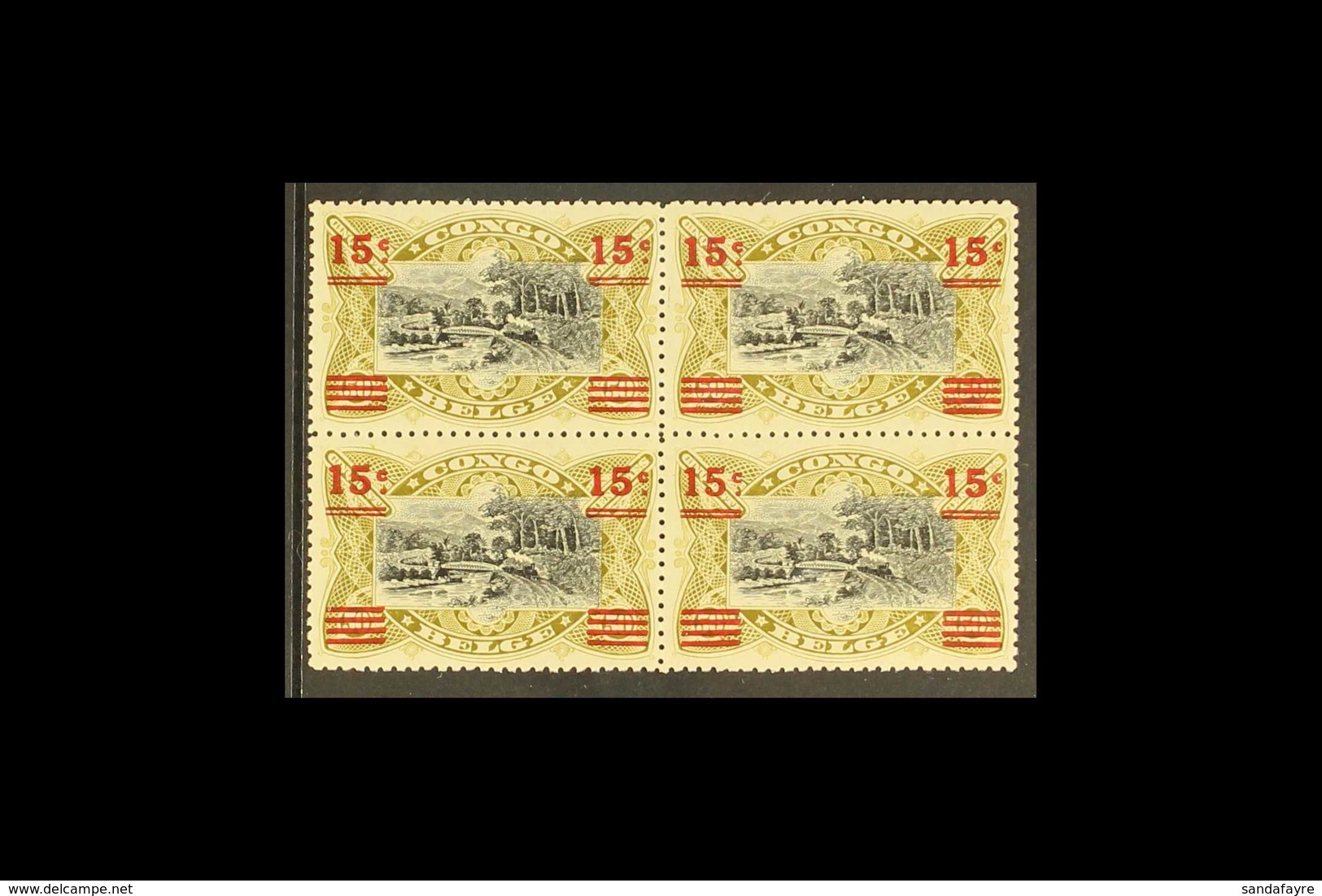 BELGIAN CONGO 1921 15c On 50c Of 1909, COB 87B, Never Hinged Mint Block Of Four. For More Images, Please Visit Http://ww - Other & Unclassified