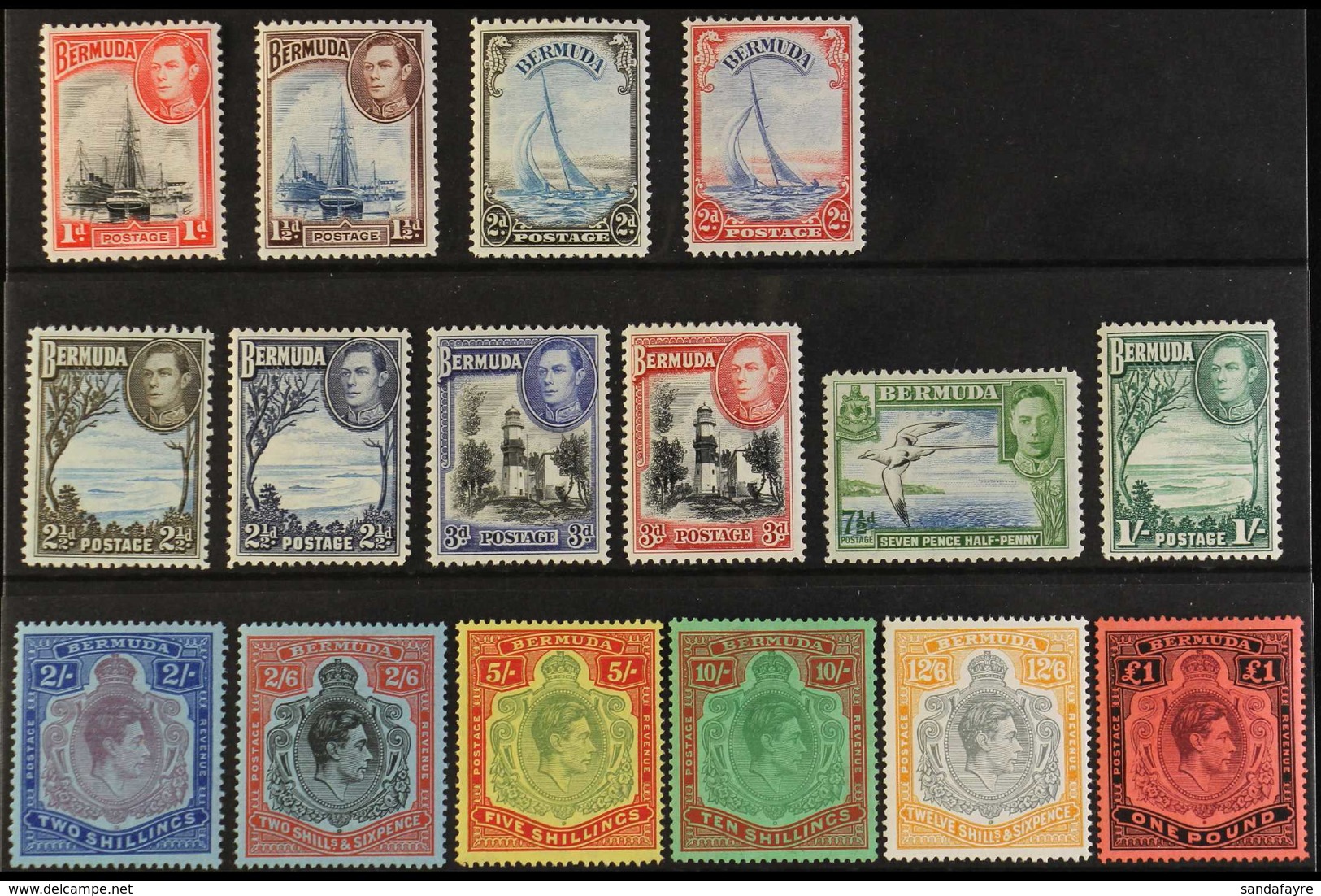 1938-52 Definitive "Basic" Set Of All Values, SG 110/21b, 2s6d To £1 Are All Perf 14. Never Hinged Mint (16 Stamps) For  - Bermuda