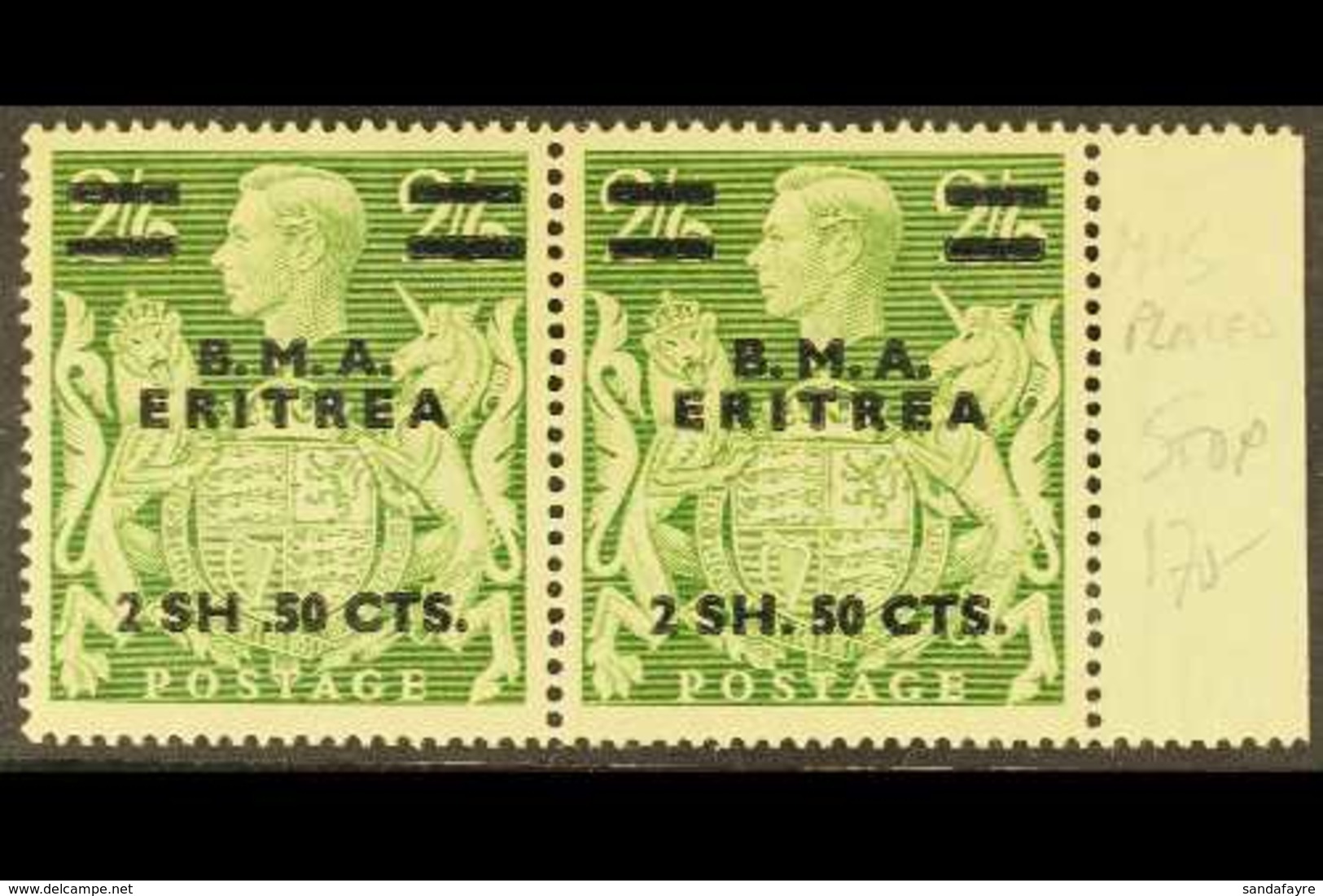 ERITREA 1948 2sh.50 On 2s 6d Yellow Green, Variety "misplaced Stop", SG E10a, In Pair With Normal, Superb Never Hinged M - Italian Eastern Africa