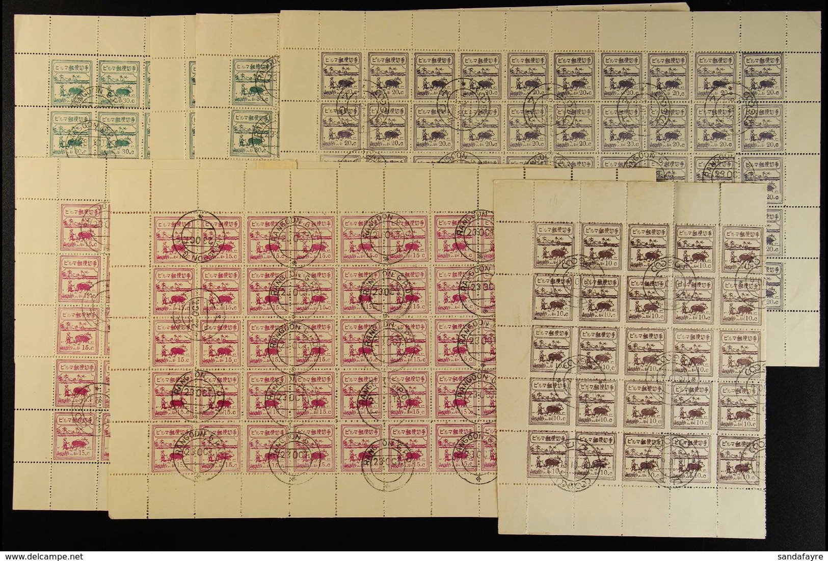 1943 Farmer Stamps In Cancelled-to-order Multiples With The 10c Grey- Brown (40, Blocks 25 & 15), 15c Magenta (100, Two  - Birma (...-1947)