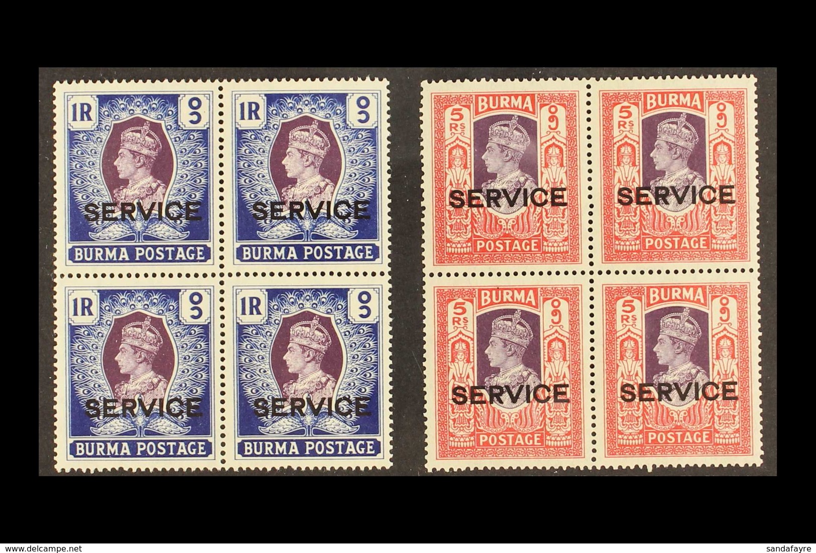 OFFICIAL 1939 1r And 5r With "SERVICE" Overprints, SG O24 And O26, Both As Superb Never Hinged Mint BLOCKS OF FOUR. (8 S - Birmanie (...-1947)