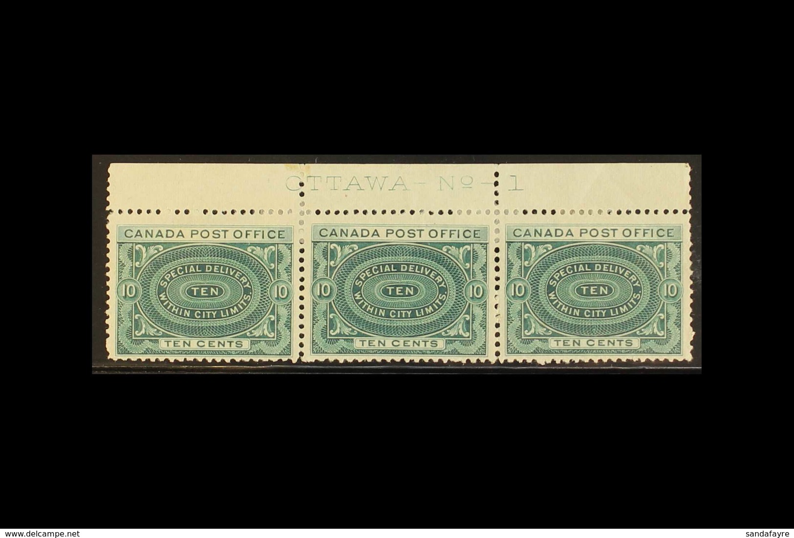1898 SPECIAL DELIVERY 10c Blue-green, SG S1, Upper Marginal "Ottawa - No -1" Plate Strip Of Three Mint, One With A Small - Other & Unclassified