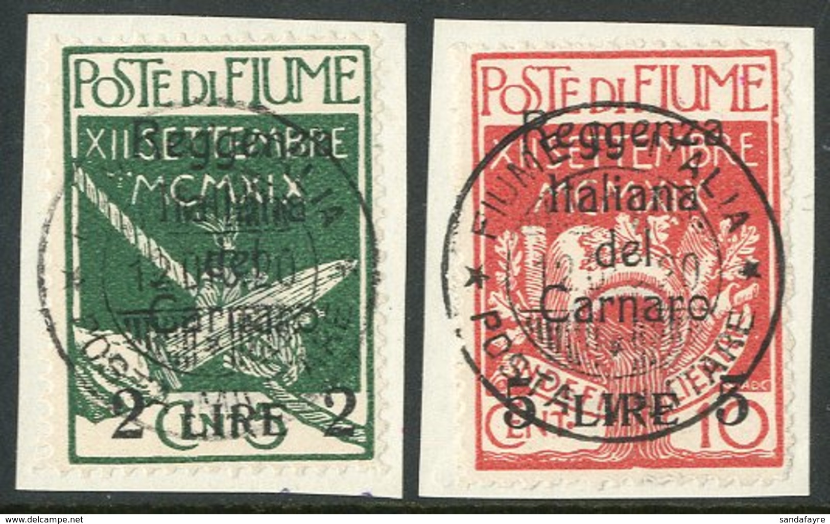 1920 2L On 5c And 5L On 10c "Regency" Ovpts, Sass 144/45, Each On Tied On Piece By Superb Posta Militare Cds Cancels. Si - Fiume