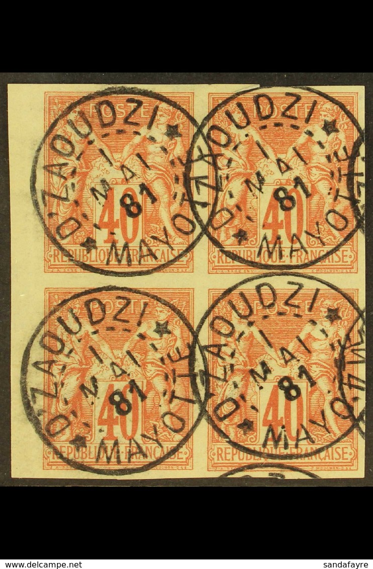 MAYOTTE 1877-79 40c Red On Yellow Sage General Issue (Yvert 27, Maury 34), Superb Used Marginal IMPERF BLOCK Of 4 Cancel - Other & Unclassified