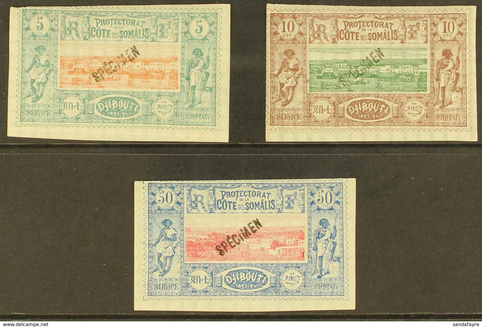 SOMALI COAST DJIBOUTI 1894-1900 5c, 10c, And 50c "Views Of Djibouti" With Diagonal "SPECIMEN" Overprints, Maury 9a, 10a, - Other & Unclassified