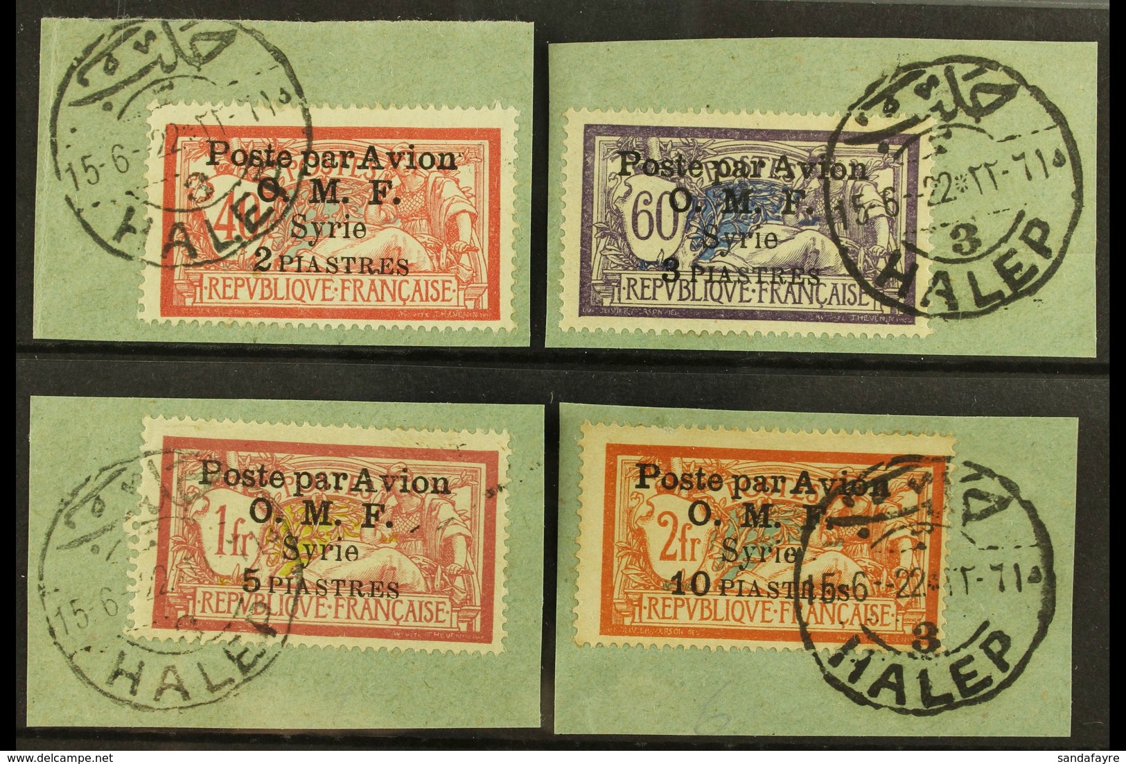 SYRIA 1922 Air Overprints Complete Set (Yvert 10/13, SG 89/92), Fine Used On Pieces Tied By "Halep" Cds Cancels. (4 Stam - Other & Unclassified