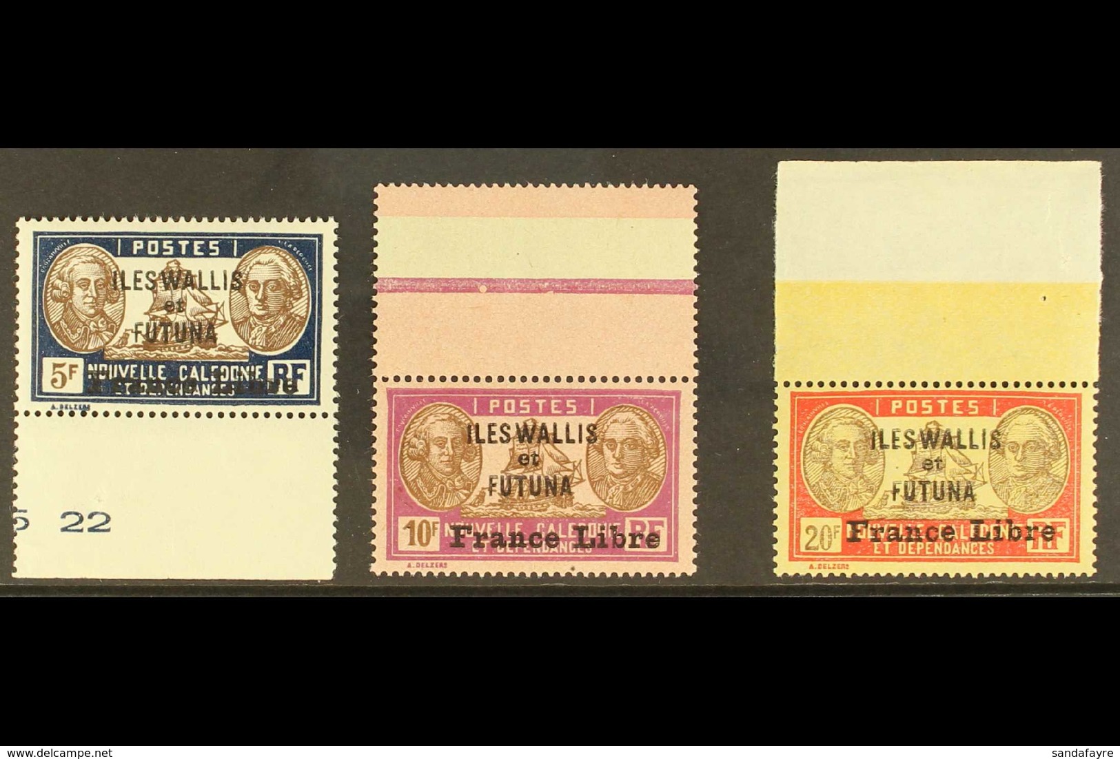 WALLIS ET FUTUNA 1941 "France Libre" Overprinted High Values, 5f To 20f, Yv 122/24, Never Hinged Mint. (3 Stamps) For Mo - Other & Unclassified