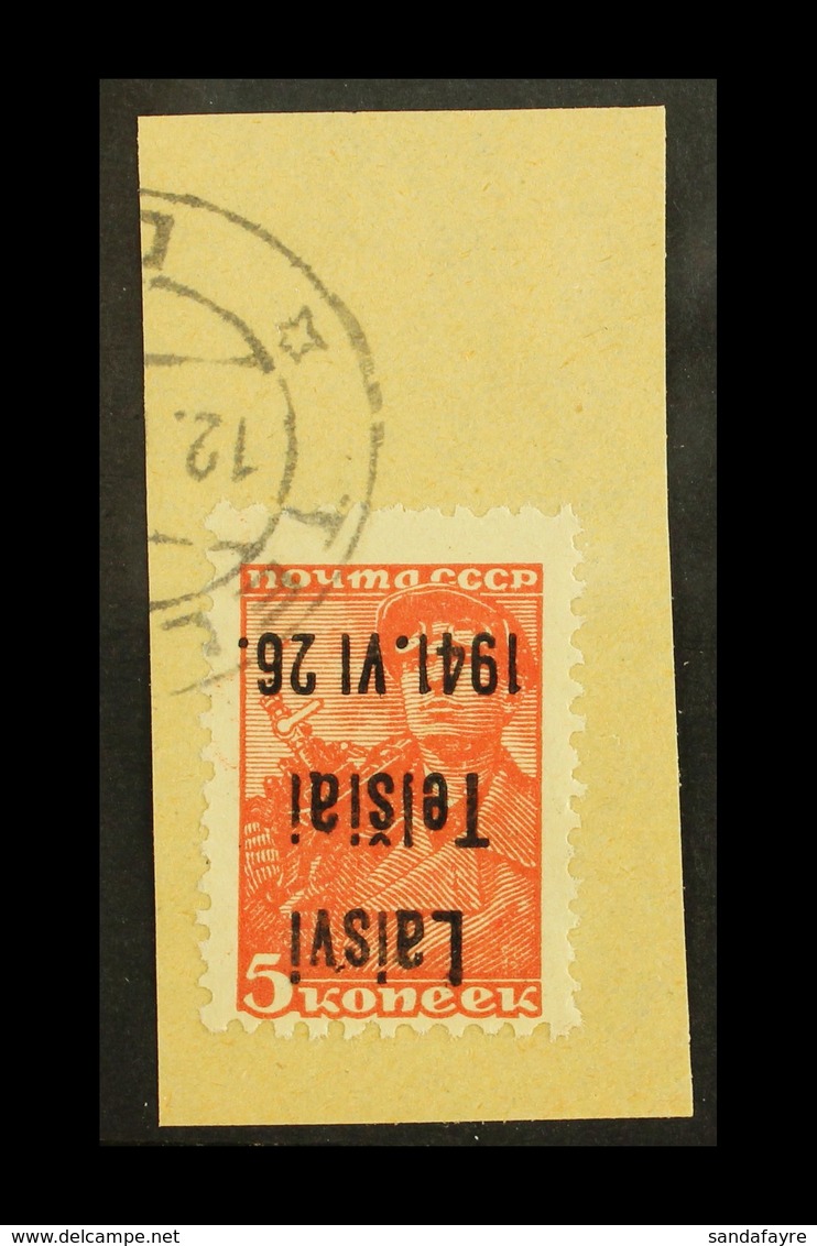 TELSIAI (TELSCHEN) 1941 5k Scarlet "Laisvi Telsiai" Local Overprint Type III With INVERTED OVERPRINT Variety, Michel 1 K - Other & Unclassified