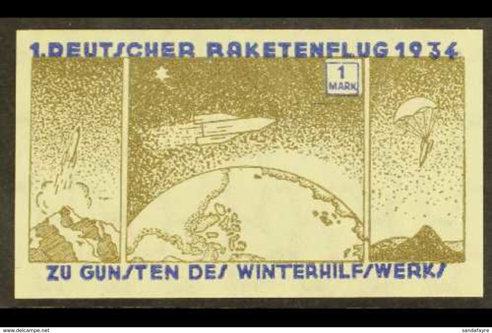 ROCKET MAIL 1934 1m Olive & Blue (Watermarked) Imperf, Zwisler 6A2b, Never Hinged Mint With 4 Wide Margins. Only Eight P - Andere & Zonder Classificatie