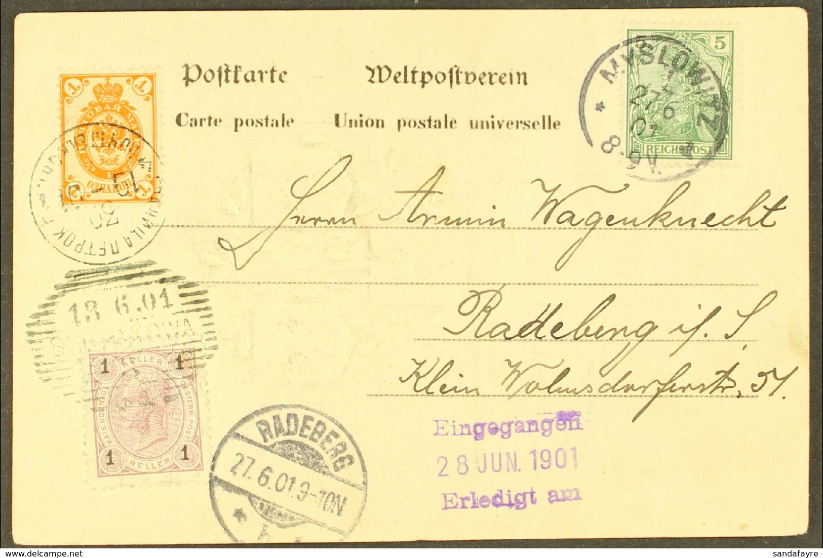 THREE EMPERORS' CORNER 1901 Picture Postcard Bearing Three-countries Franking Of Germany 5pf With "Myslowitz" Cds, Russi - Other & Unclassified