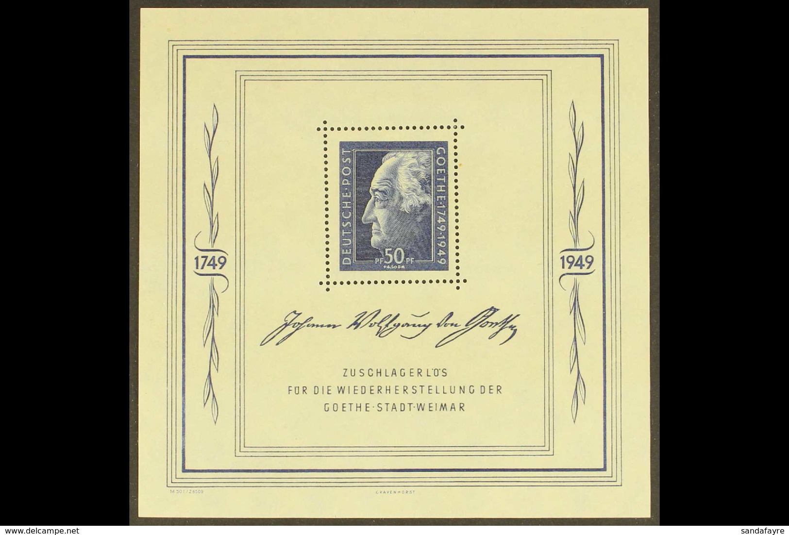 RUSSIAN ZONE GENERAL ISSUES 1949 Goethe Festival Week Miniature Sheet (Mi Block 6, SG MSR59a) Very Fine Never Hinged Min - Sonstige & Ohne Zuordnung