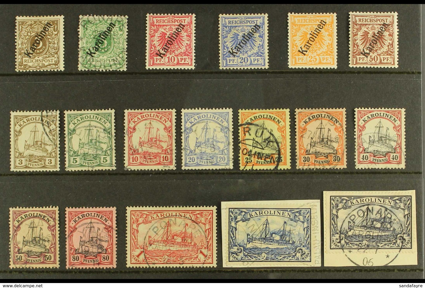 CAROLINE ISLANDS 1899 - 1900 With 1899 Set To 50pf, 1900 Set To 3Mk Very Fine Used, 2Mk And 3Mk On Piece, Signed. (18 St - Autres & Non Classés