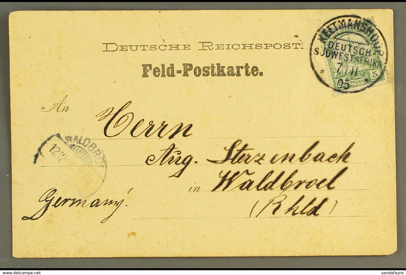 SOUTH WEST AFRICA 1905 (7 Nov)  "Feld - Postkarte" To Germany Bearing 5pf Yacht Tied By Fine "KEETMANSHOOP" Cds Cancel,  - Andere & Zonder Classificatie