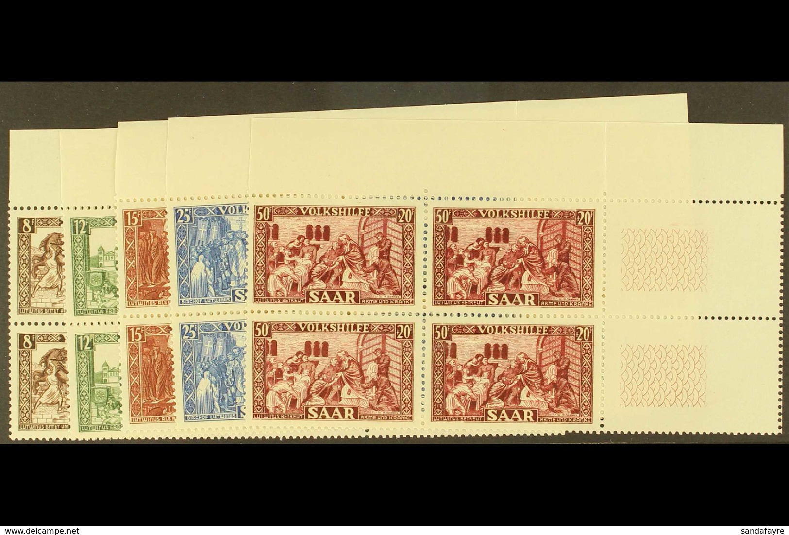 1950 National Relief Fund Complete Set (SG 296/300, Michel 299/303), Superb Never Hinged Mint Upper Right Corner BLOCKS  - Andere & Zonder Classificatie
