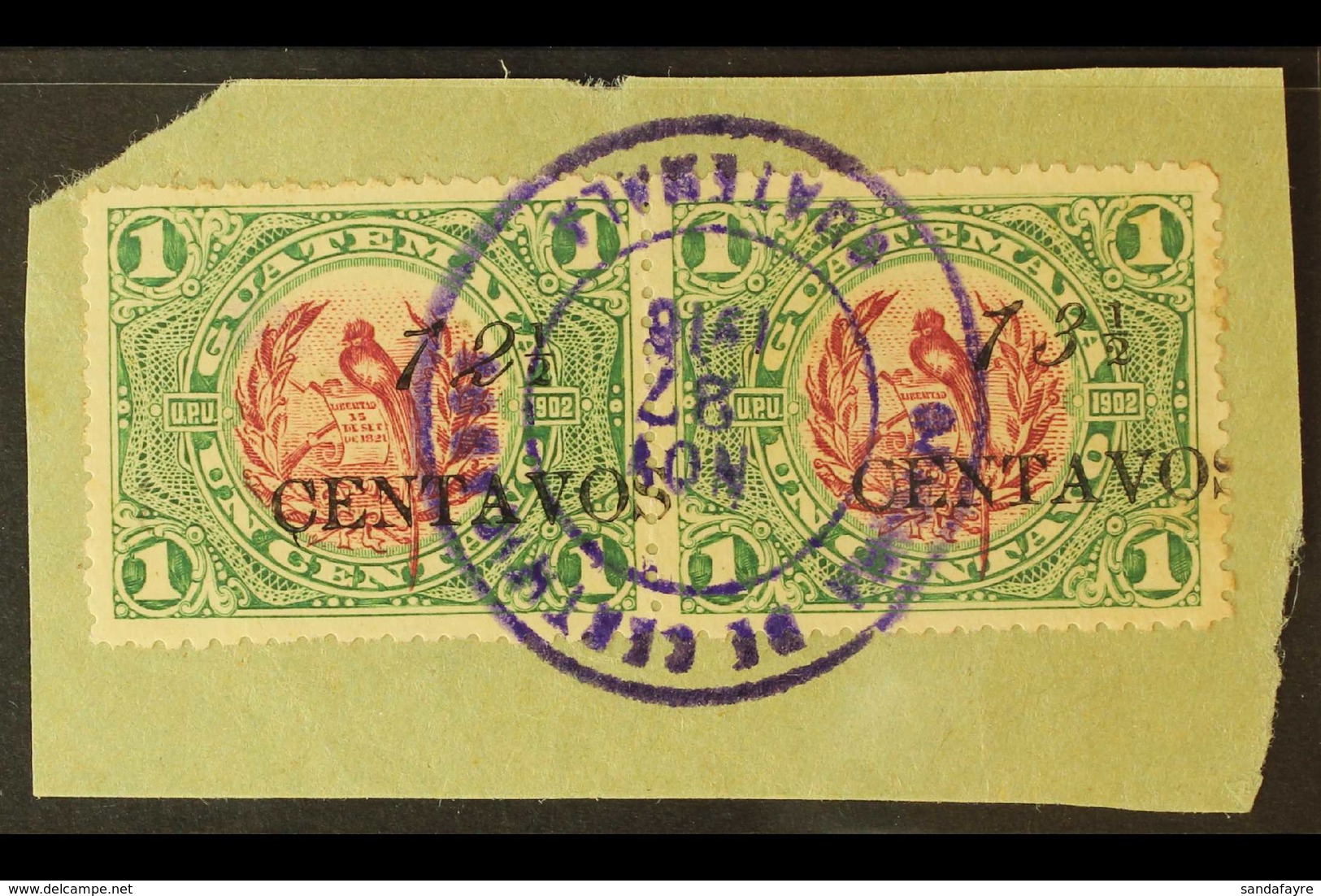 1916 12½ On 1c Claret & Green "13½" FOR "12½" Variety In Horizontal SE-TENANT PAIR With Normal Stamp, SG 153+153d, Very  - Guatemala