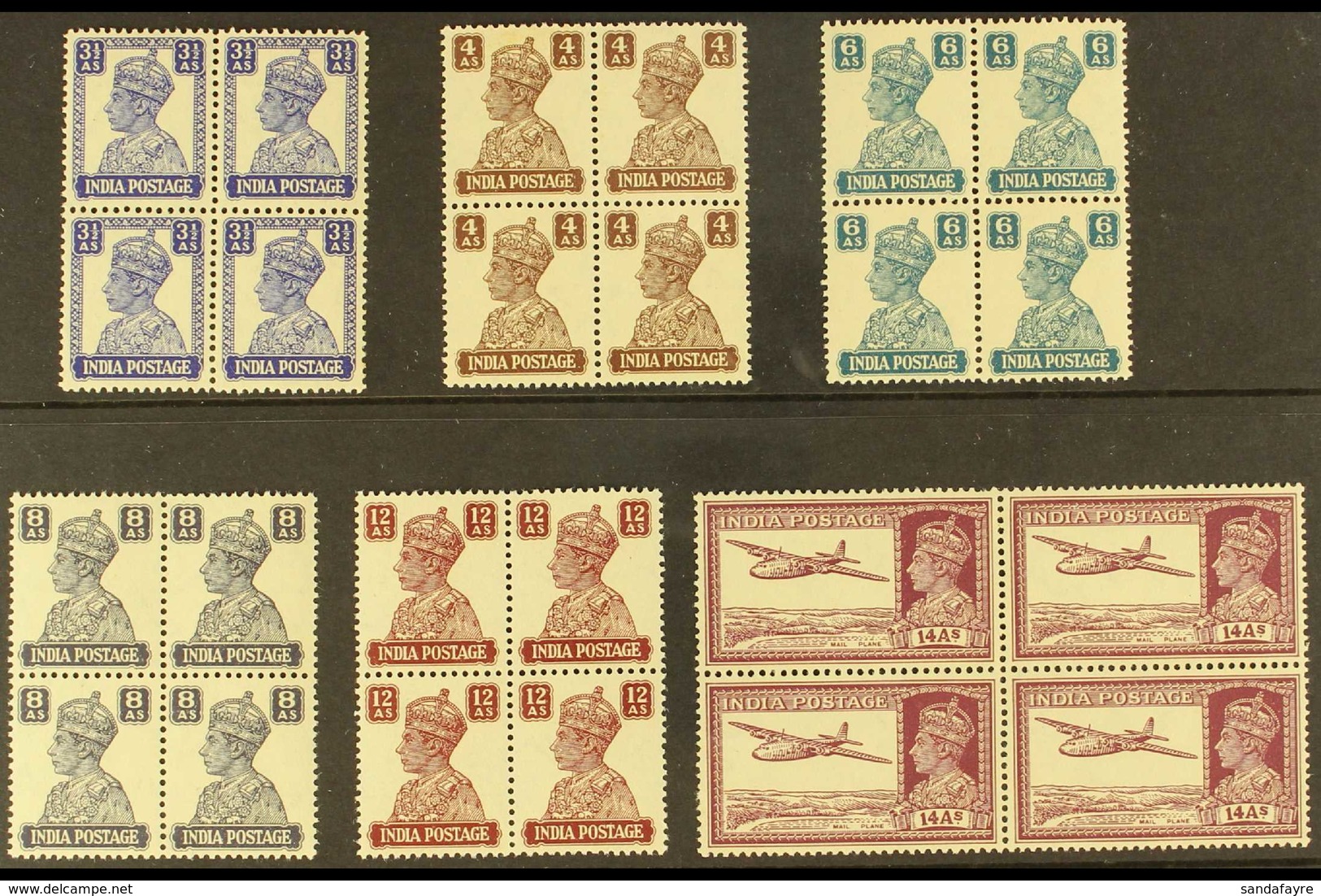 1940-43 3½a To 14a Definitives, SG 272/77, In NEVER HINGED MINT BLOCKS OF FOUR. (6 Blocks = 24 Stamps) For More Images,  - Andere & Zonder Classificatie