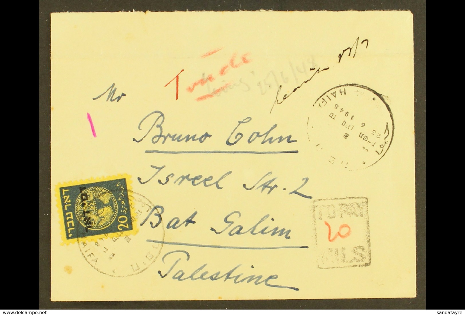 1948 (23 June) Stampless Cover To Bat Galim With Boxed "TO PAY" Cachet And 20m Postage Due (Bale PD4, SG D13). Nice Item - Other & Unclassified