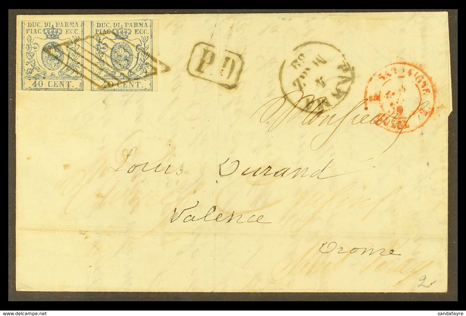 PARMA 1857-59 40c Blue LARGE "0" + SMALL "0" PAIR (Sassone 11d) Tied To 1859 (4 Mar) EL To France, The Pair Cut Into Alo - Ohne Zuordnung