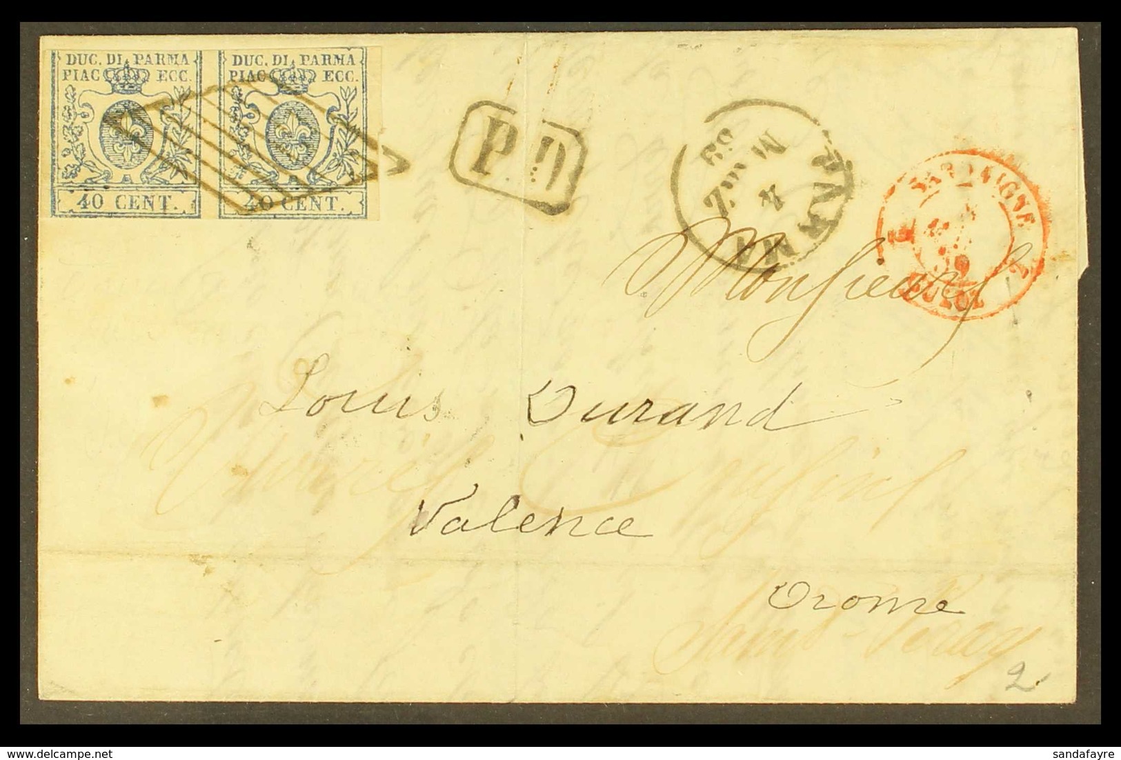 PARMA 1857-59 40c Blue LARGE "0" + SMALL "0" PAIR (Sassone 11d) Tied To 1859 (4 Mar) EL To France, The Pair Cut Into Alo - Unclassified