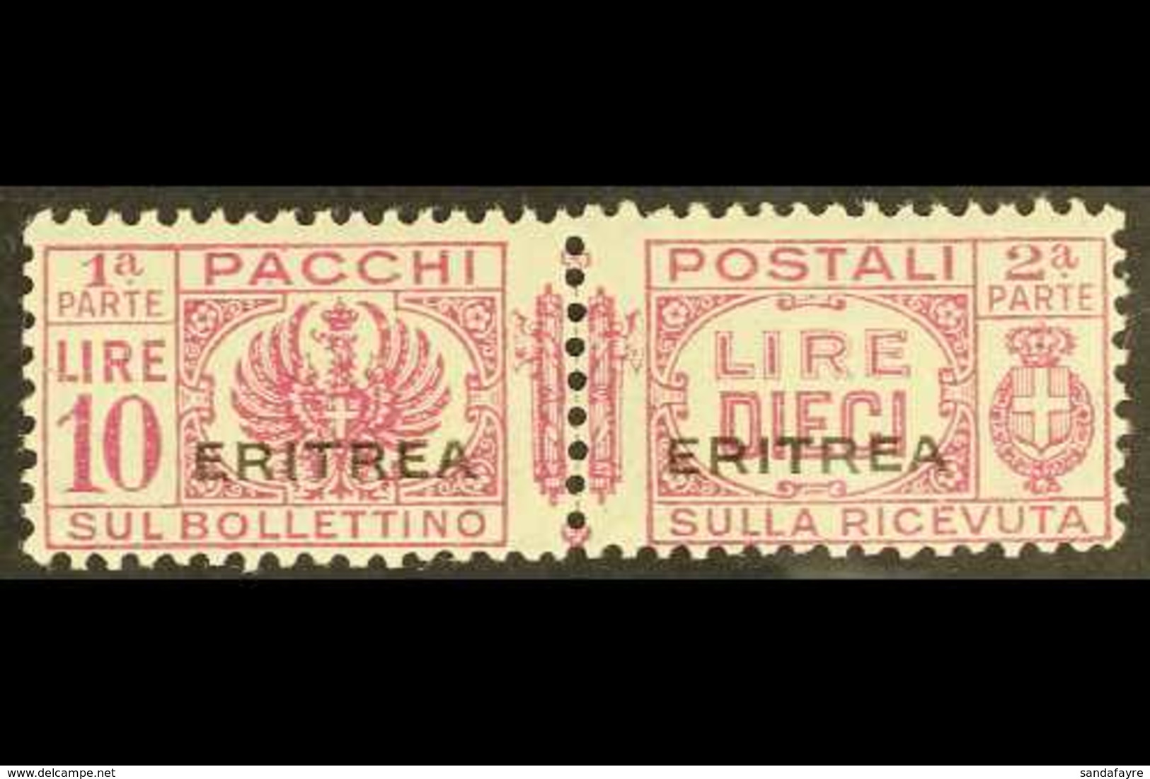 ERITREA PARCEL POST 1927-37 10L Purple Overprint (SG P132, Sassone 31), Never Hinged Mint Horizontal Pair, Very Fresh, E - Other & Unclassified