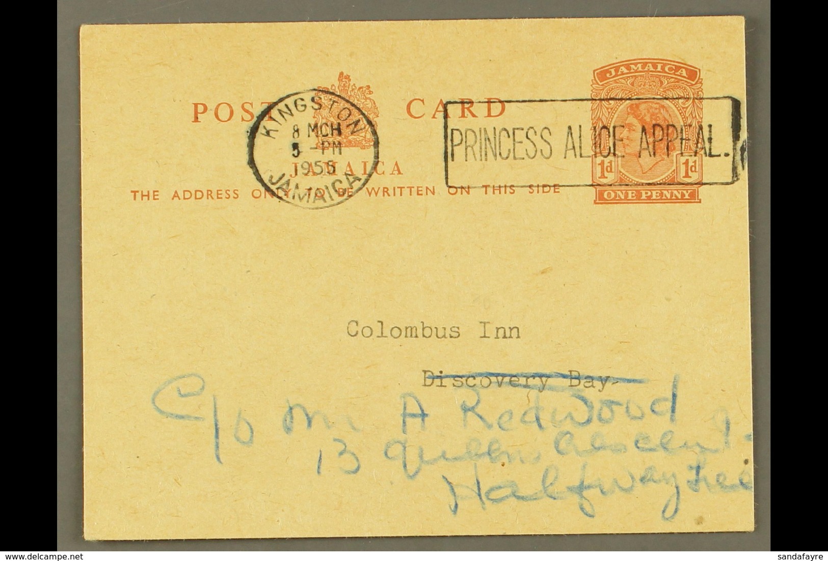 1955 (8 Mar) Locally Addressed 1d QEII Postal Card With Fine "PRINCESS ALICE APPEAL" Slogan Cancel. For More Images, Ple - Jamaïque (...-1961)