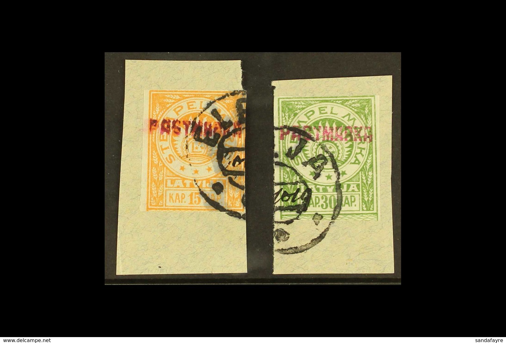 ELEJA (ELLEY) 1919 15k Yellow-orange And 30k Green "PASTMARKA" Local Overprints, Michel I/II, Fine Used On Pieces. (2 St - Latvia