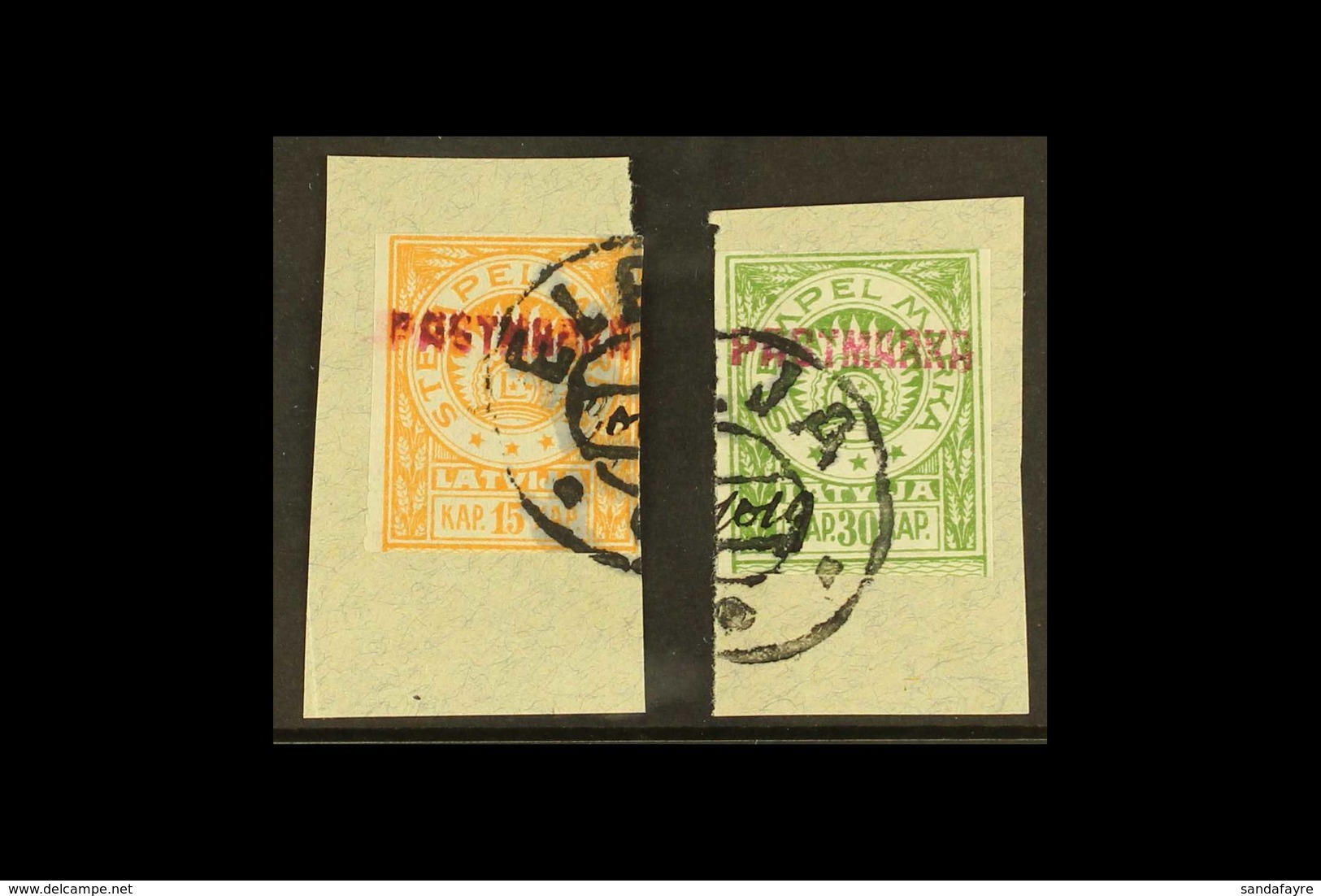 ELEJA (ELLEY) 1919 15k Yellow-orange And 30k Green "PASTMARKA" Local Overprints, Michel I/II, Fine Used On Pieces. (2 St - Letland