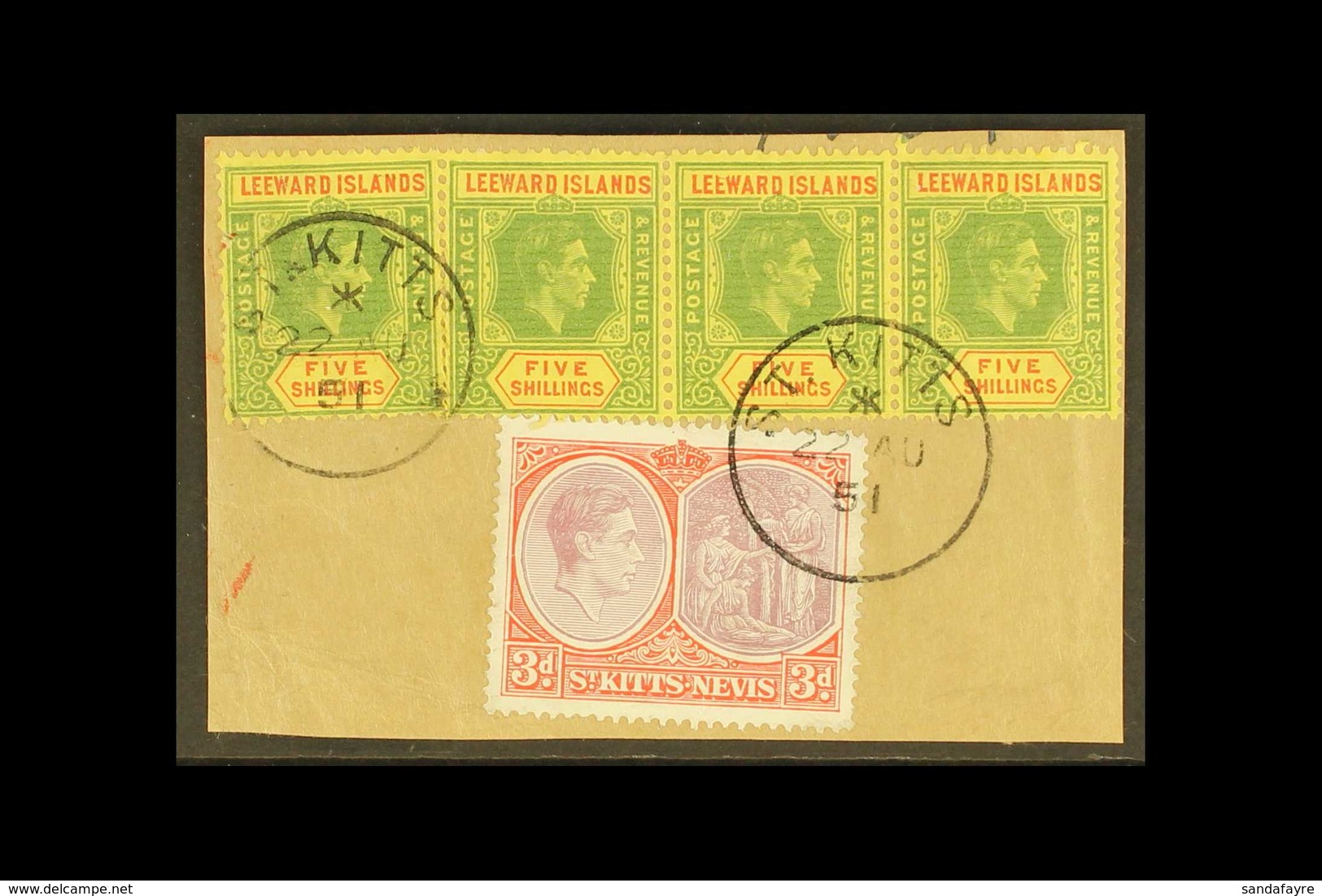 1938 5s Green And Red On Yellow On Ordinary Paper, Geo VI, Strip Of 4, One Showing The Variety "Broken E", SG 112b/112ba - Leeward  Islands