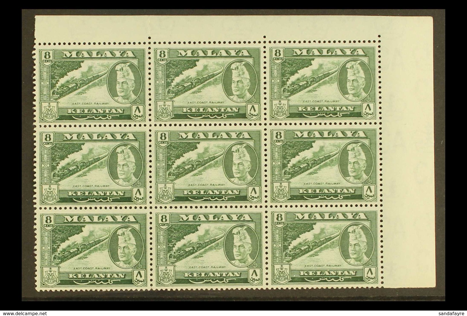 KELANTAN 1961 8c East Coast Railway In Deep Green, SG 100a, Superb NHM Corner Block Of 9. For More Images, Please Visit  - Sonstige & Ohne Zuordnung