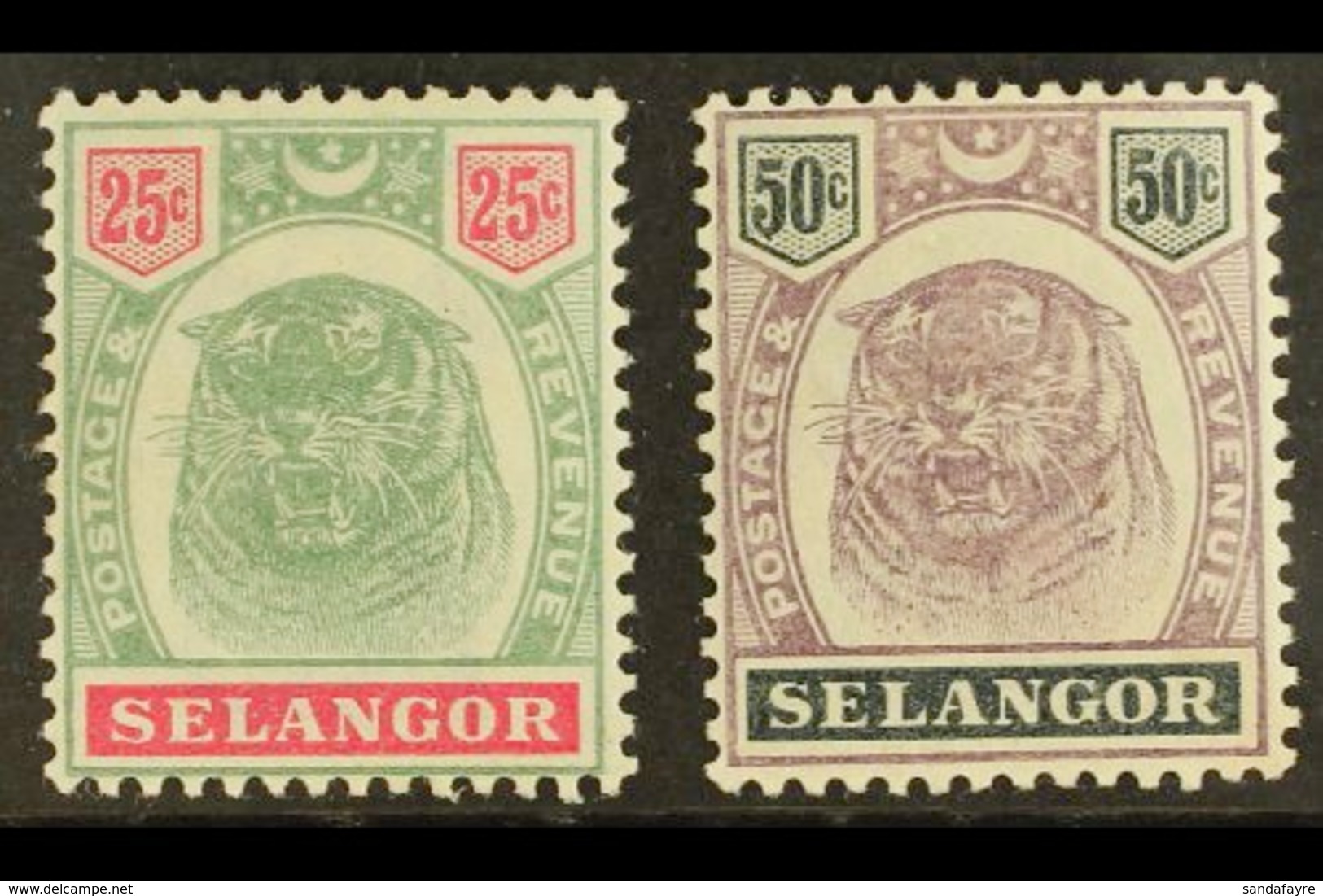 SELANGOR 1895 25c And 50c Dull Purple And Greenish Black "Tigers", SG 58, 59, Very Fine And Fresh Mint. (2 Stamps) For M - Andere & Zonder Classificatie