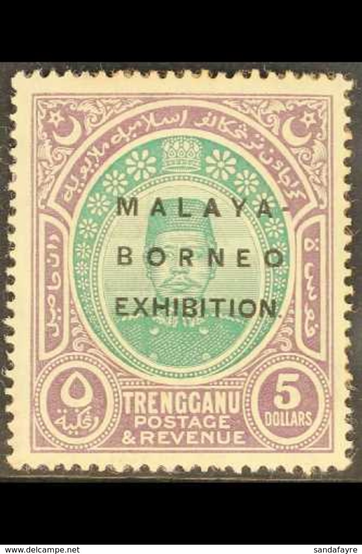 TRENGGANU 1922 MALAYA BORNEO EXHIBITION $5 Green & Dull Purple, SG 58, Mint With Light Traces Of Pink Backing Paper As I - Andere & Zonder Classificatie