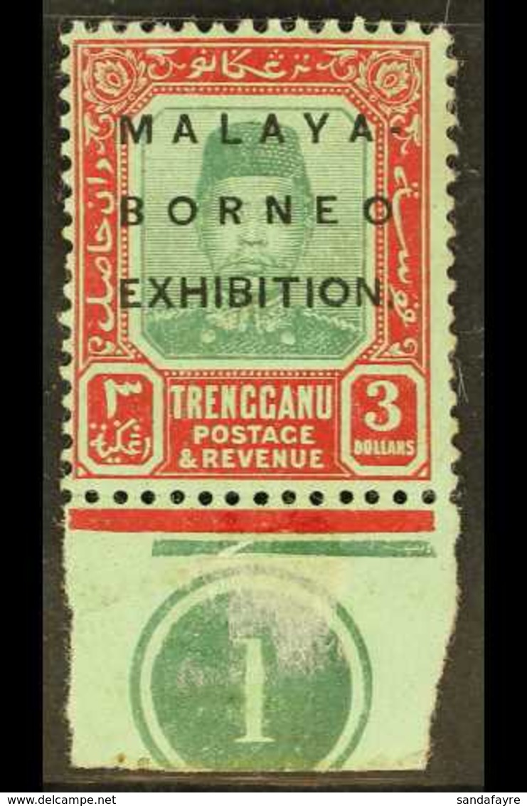 TRENGGANU 1922 MALAYA BORNEO EXHIBITION $3 Green & Red/green Control Single, SG 57, Mint, Light Margin Crease Does Not D - Andere & Zonder Classificatie