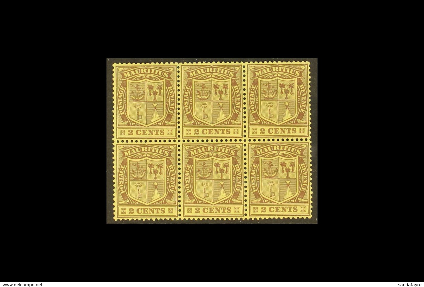 1921 2c Purple On Yellow, Wmk Script, Variety "Wmk Inverted", SG 207w, Never Hinged Mint, Block Of 6. For More Images, P - Mauritius (...-1967)