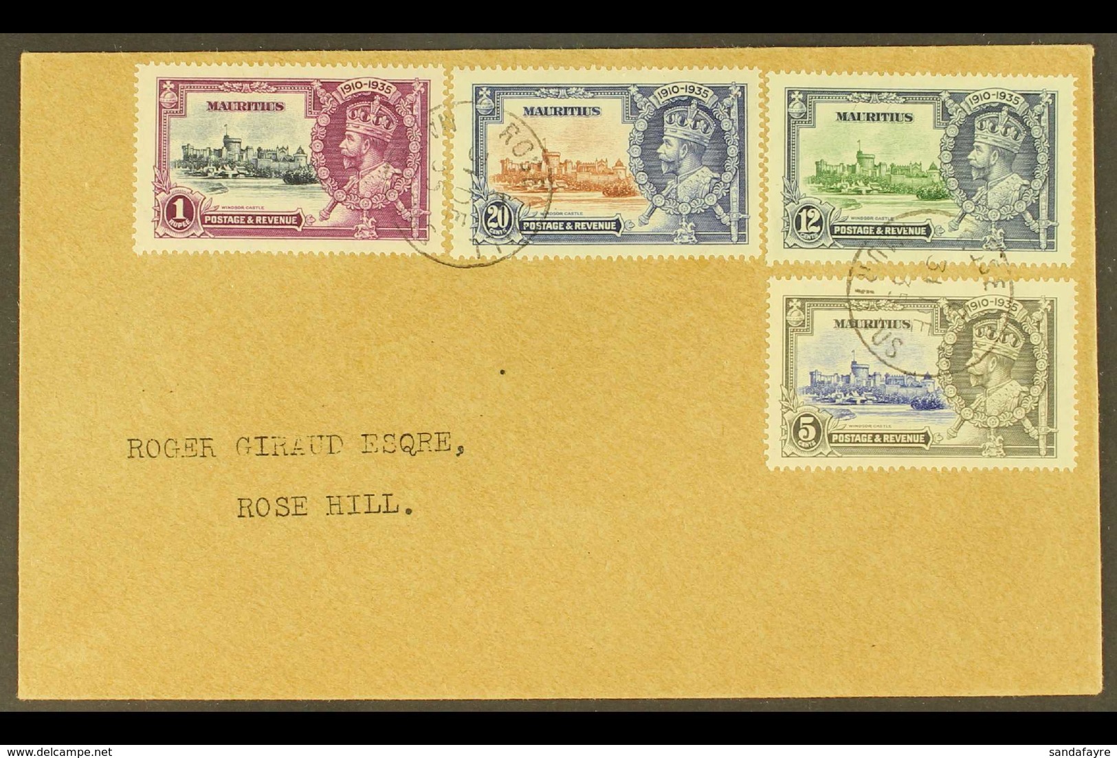 1935 (31 Dec) Local Cover Bearing Silver Jubilee Set (SG 245/48) Tied By Rose Hill Cds's, The 20c With "diagonal Line By - Mauritius (...-1967)