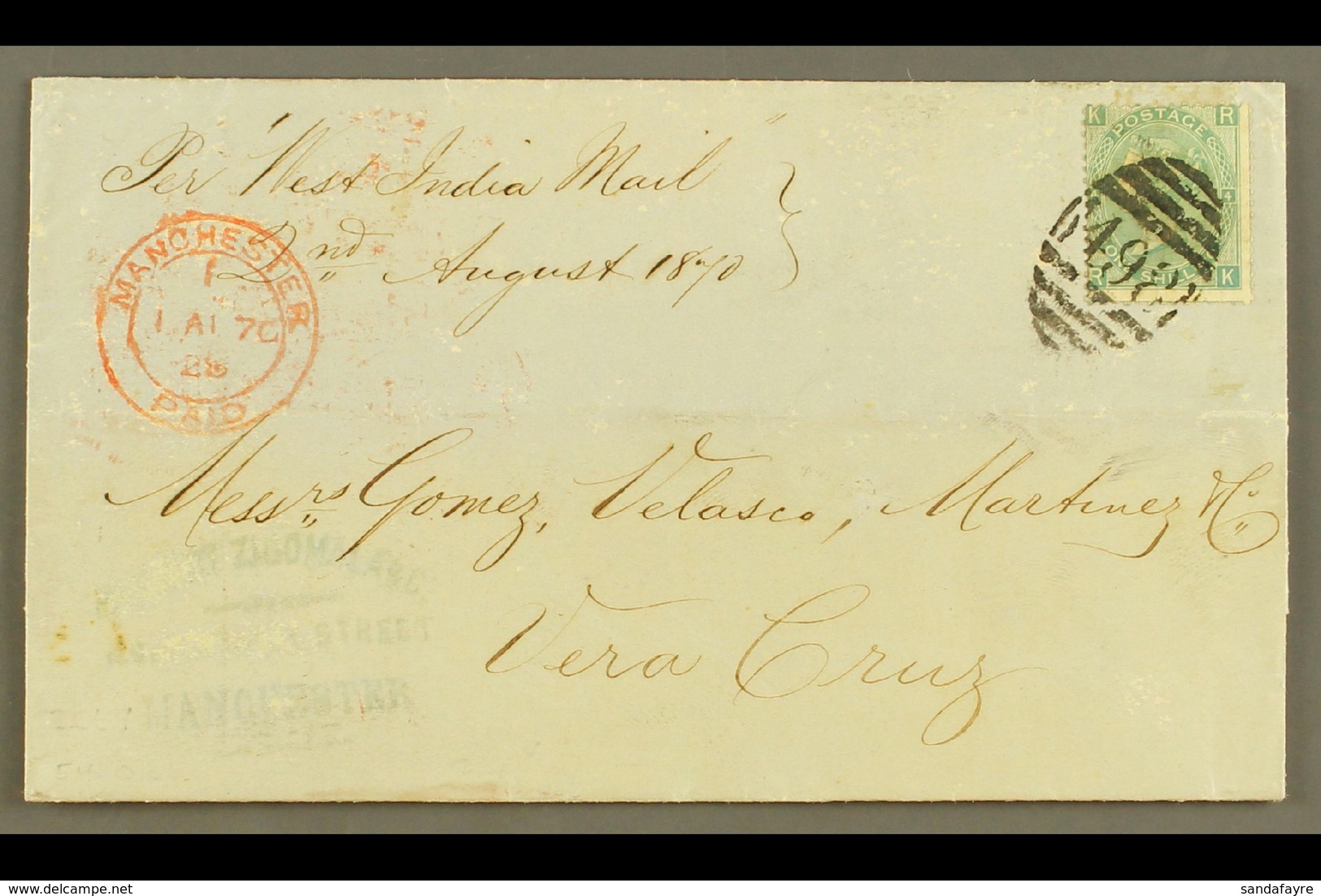 1870 (1 Aug) LS From Manchester, England To Vera Cruz Bearing GB 1s Green (SG117) Tied "498" Pmk, Various British Transi - Mexique