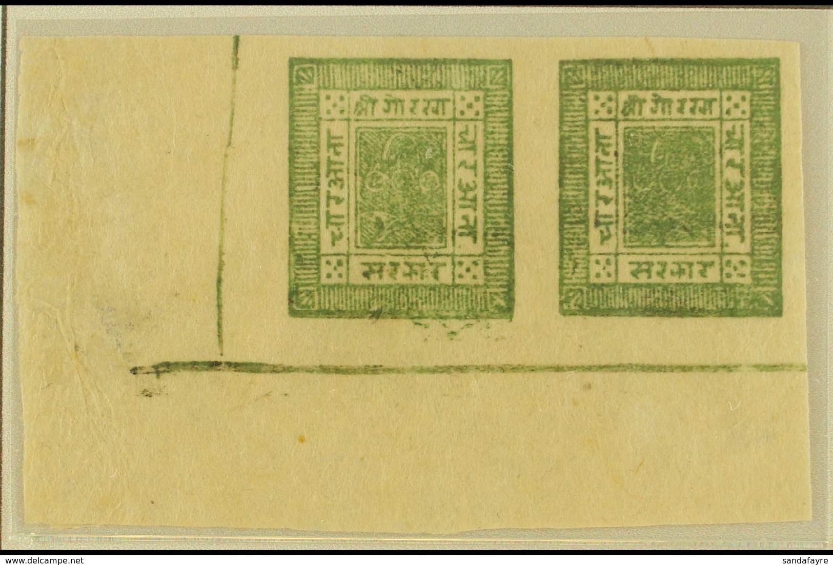 1886-9 4a Green, Slightly Blurred Impressions, Corner Marginal Pair, Setting 3/8, Positions 57/8, SG 12, Scott 9, Unused - Nepal