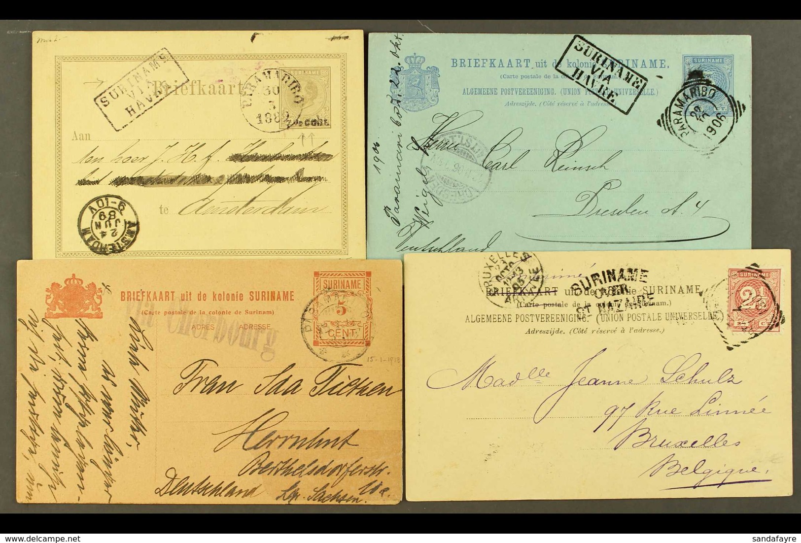 SURINAM 1882 - 1913 Selection Of 4 Postal Stationery Cards With Transit Marks Incl Surinam Via Havre, Via Cherbourg, Sur - Autres & Non Classés
